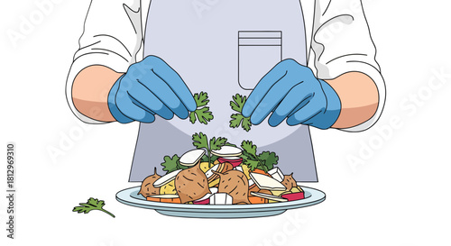 Chef Adorning Delicious Dish With Fresh Herbs for Culinary Presentation and Appeal