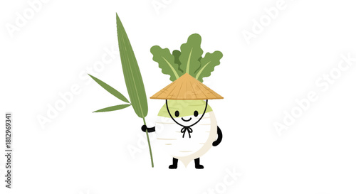 Charming Turnip Wearing a Hat and Adjacent to Bamboo with a Black Background.