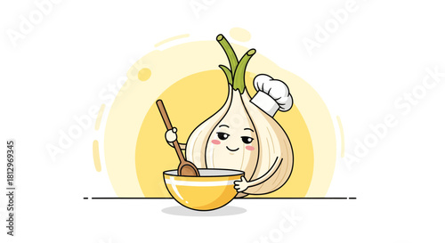 Chef Allium Cartoon Preparing Delicious Meal Inside Cute Bowl Using Wooden Spoon