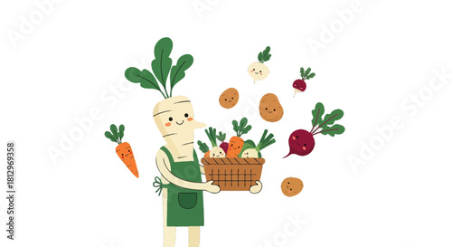 Charming Vegetable Character Displays a Basket Full of Fresh Produce on Black Background