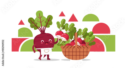 Cheerful Beetroot And Basket Filled With Fresh Radishes on a Black Background