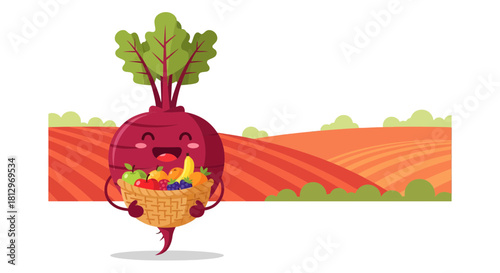 Cheerful Beetroot Carrying a Basket of Fruits with a Happy Expression in the Field