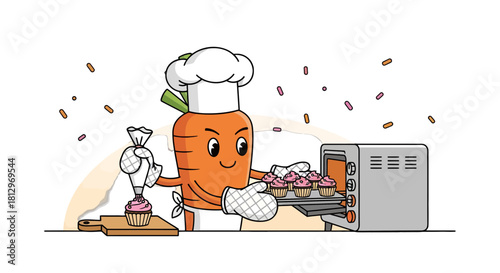 Chef Carrot's Sweet Baking Adventure Delicious Cupcakes and Oven Time Illustration