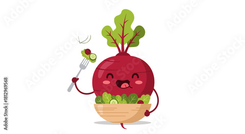 Cheerful Beetroot Cartoon Eating Salad With Joy and Deliciousness on Black Background