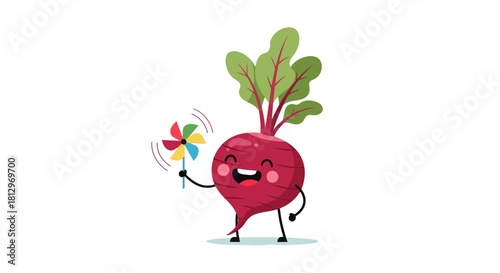 Cheerful Beetroot With a Pinwheel, Joyful Character on Black Background