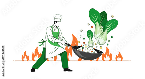 Chef Cooking Stir-fry In A Wok With Bok Choy And Flames On A Black Background