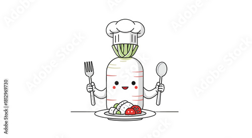 Chef Daikon Presenting a Plate of Food in an Adorable Illustrated Style