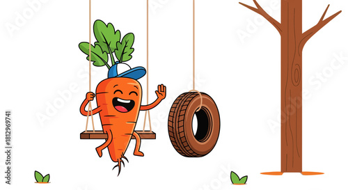 Cheerful Carrot Character Enjoying the Swing with a Tire on a Black Background