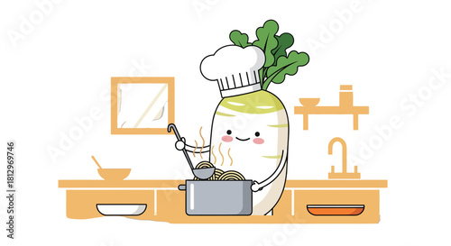 Chef Daikon Preparing Noodles In A Cozy Kitchen Setting With Playful Cartoon Imagery