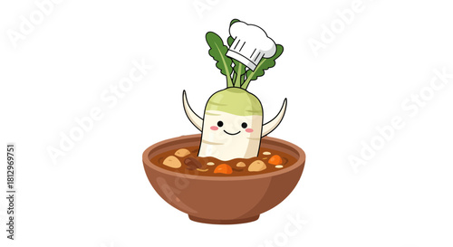 Chef Daikon Radish Cartoon Welcoming You with Warm Soup in A Brown Bowl