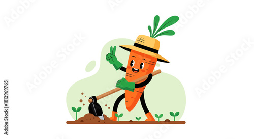 Cheerful Carrot Gardener Using Hoe, Happy Vegetable Cartoon Agriculture Concept