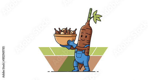 Cheerful Cartoon Cassava Character Holding a Bowl of Freshly Harvested Tubers