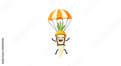 Cheerful Carrot Skydiver Descends Peacefully With a Striped Parachute