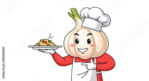 Chef Garlic Character Presenting Pasta Dish with Delicious Ingredients on a Plate