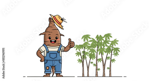 Cheerful Cassava Farmer Presents Thumbs Up Beside Cassava Plants Cartoon Illustration