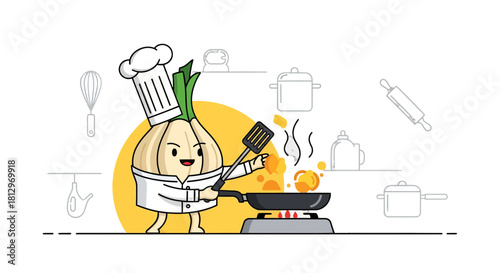 Chef Garlic Prepares Food With Utensils Cartoon Illustration In The Kitchen Environment
