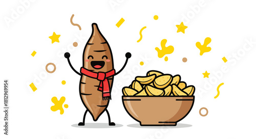 Cheerful Cassava Root Mascot with a Bowl of Healthy Snack with Black Background