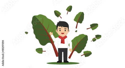 Cheerful Character Welcoming Viewers With Leafy Green Vegetation Surroundings