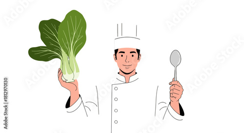 Chef Holding Fresh Bok Choy And Spoon, Ready For Meal Preparation On Black Background