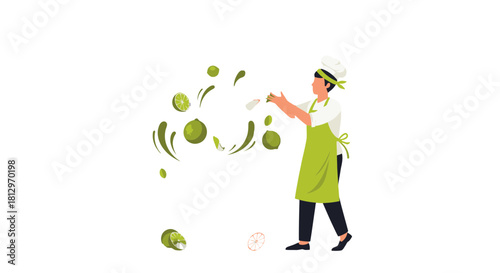 Chef Juggling Fresh Limes and Citrus Slices Against a Dramatic Black Backdrop