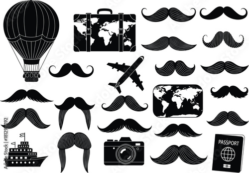 Travel icons and mustache silhouettes collection for adventure, tourism, fashion, and cultural themes in black vector style illustration set.
