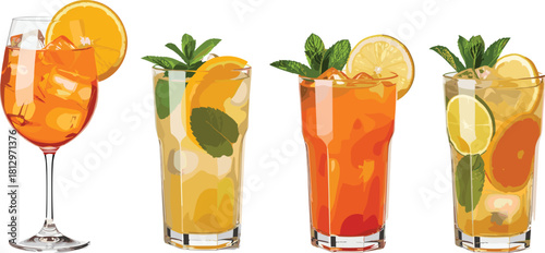 Vector collection of refreshing summer cocktails, aperol spritz, mojito, iced tea, mint garnish, isolated on white