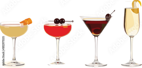 Vector set of classic cocktails, martini, champagne, coupe glass with garnish, isolated on white background