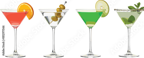 Vector set of classic cocktails, cosmopolitan, martini with olive, appletini, mint drink, isolated on white
