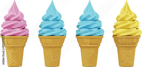 Vector set of colorful soft serve ice cream cones, pink, blue, yellow, white background, sweet