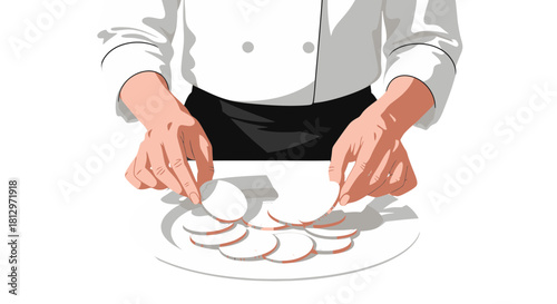 Chef Precisely Arranges Sliced Food On Plate In Culinary Art Presentation.