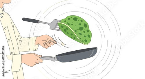 Chef Prepares a Unique Dish in a Pan with Artistic Flair on a Black Background