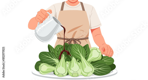Chef Prepares Bok Choy Dish with Dark Sauce Poured from White Pitcher