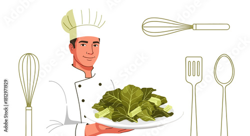 Chef Presenting Fresh Green Vegetables on a Plate with Kitchen Utensils Illustration