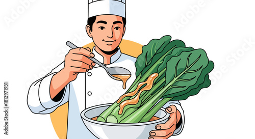Chef Plating Exquisite Dish Of Fresh Green Vegetables With Delicious Sauce