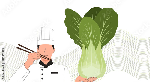 Chef Presenting Fresh Pak Choi with Chopsticks on Black Backdrop Composition