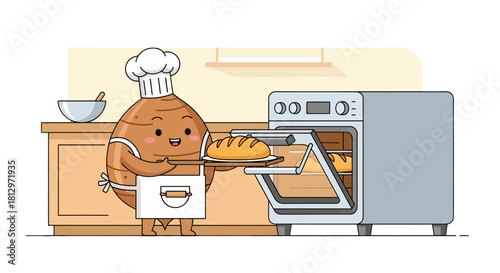 Chef Potato Presenting Freshly Baked Bread From A Shiny Oven In The Kitchen