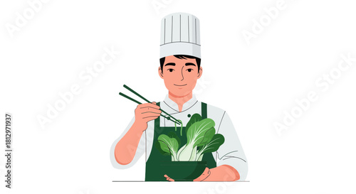 Chef Presenting Fresh Green Vegetables with Chopsticks and Smiling Gently