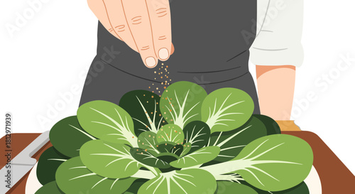 Chef Prepares Fresh Bok Choy Dish, Seasoning With Precision, Food Preparation Illustration