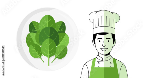 Chef Presenting Fresh Spinach Leaves Dish in a Clean and Modern Vector Design