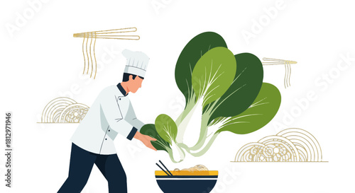 Chef Prepares Fresh Bok Choy for Noodles in a Stylish and Modern Minimalist Illustration