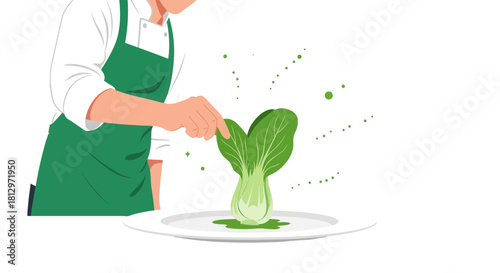 Chef Prepares Fresh Bok Choy For Plating With Culinary Precision And Artistic Flair