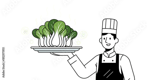 Chef Presenting Freshly Cooked Bok Choy Dish on Black Background for Culinary Purposes