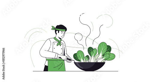 Chef Prepares Fresh Bok Choy in Wok, Illustrating Asian Culinary Techniques