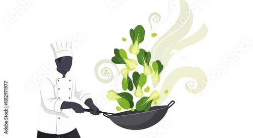Chef Prepares Fresh Bok Choy in Wok, Culinary Art and Flavorful Preparation Illustration