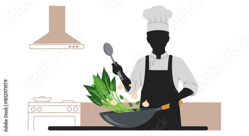 Chef Prepares Food in Kitchen, Stirring Fresh Ingredients with Skill and Precision