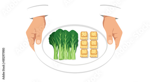 Chef Presenting Freshly Prepared Greens and Tofu Plates with Balanced Nutrition