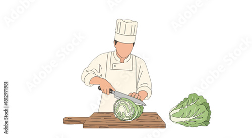 Chef Prepares Fresh Cabbage for a Culinary Creation on Wooden Cutting Board