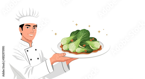 Chef Presenting Freshly Prepared Bok Choy Dish on a White Plate, Against a Black Background