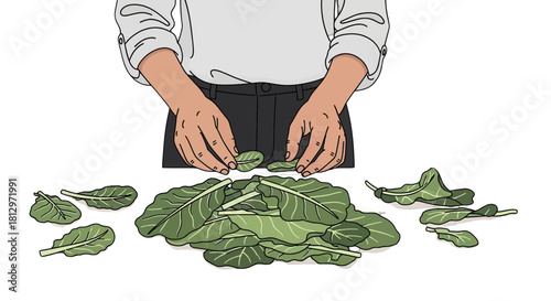 Chef Prepares Fresh Green Leafy Vegetables for Culinary Creation in Artistic Illustration