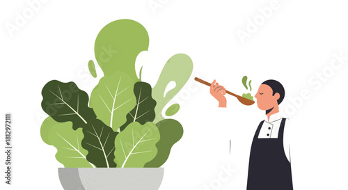 Chef Tasting Delicious Ingredients From a Bowl of Fresh Greens On Black Background